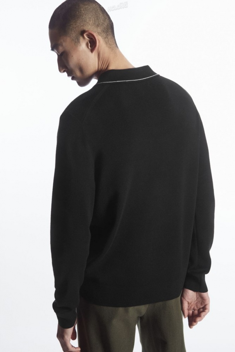 Black / White COS Contrast-Stitch Wool Polo Shirt Knitwear | 637852-WQN