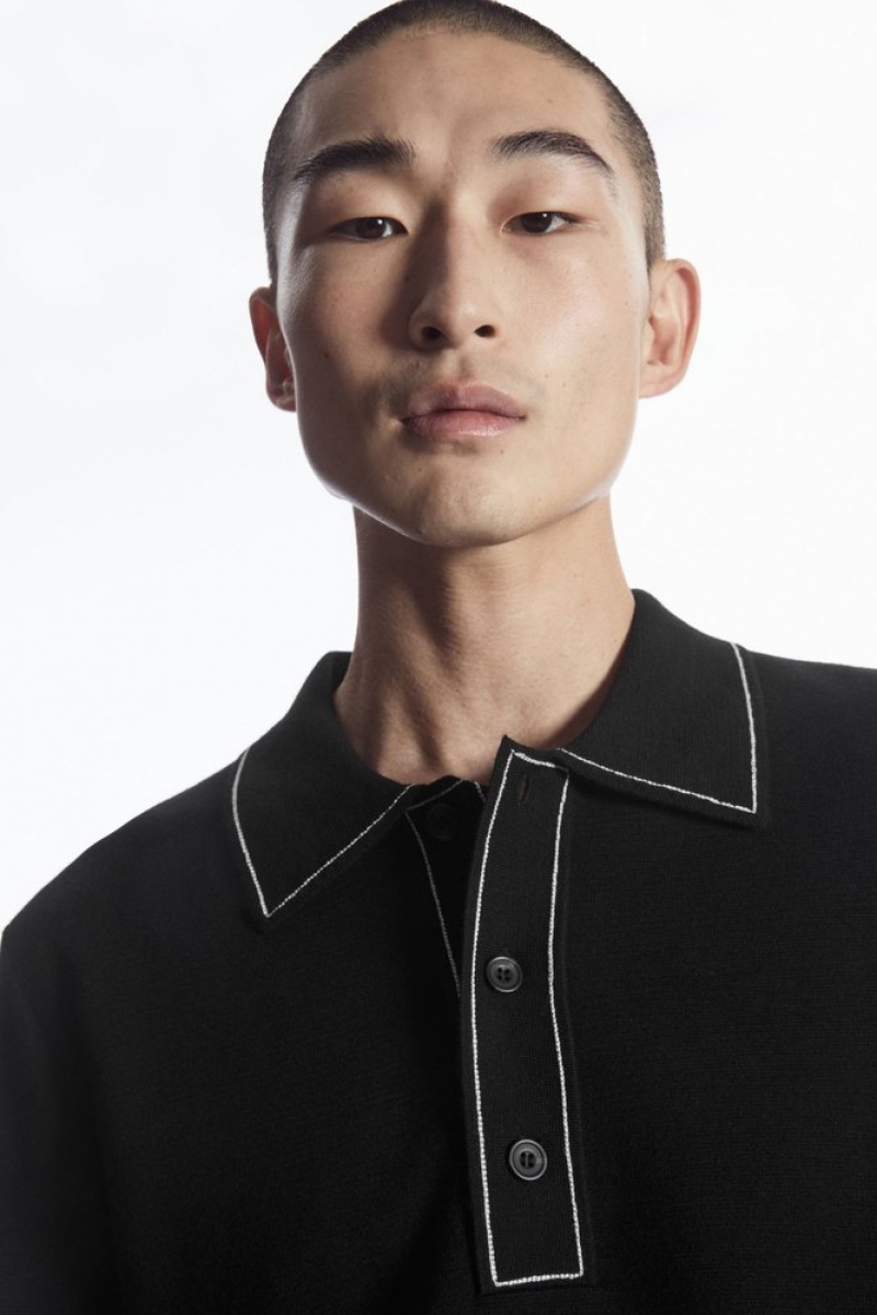 Black / White COS Contrast-Stitch Wool Polo Shirt Knitwear | 637852-WQN