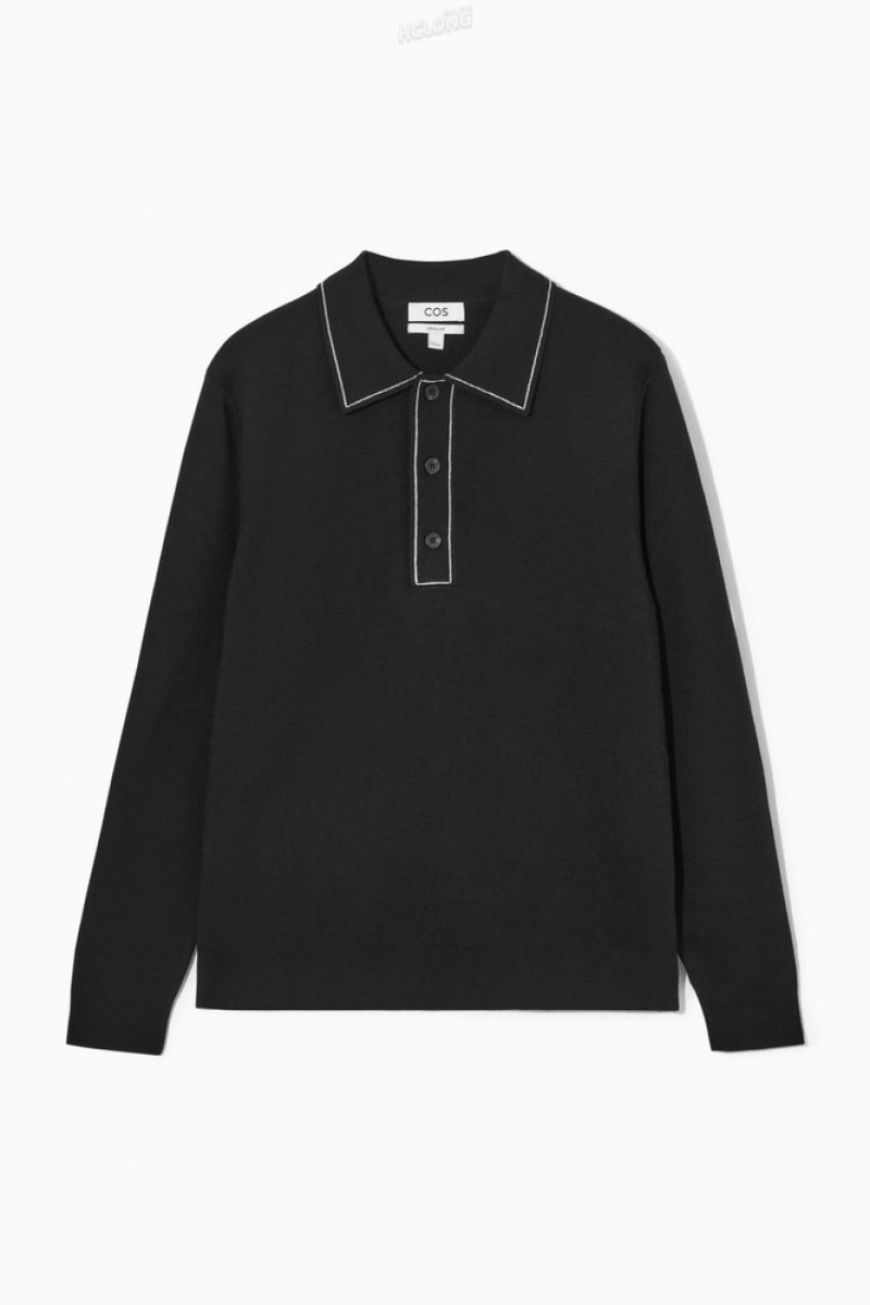 Black / White COS Contrast-Stitch Wool Polo Shirt Knitwear | 637852-WQN