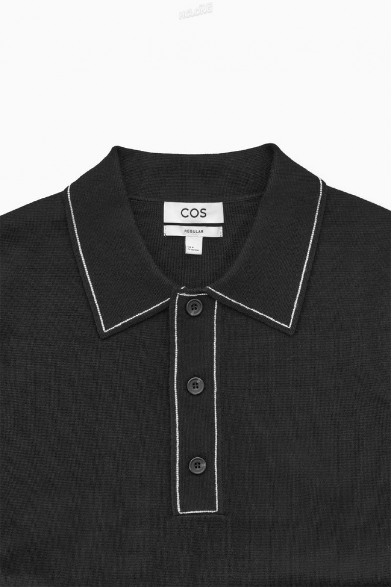 Black / White COS Contrast-Stitch Wool Polo Shirt Knitwear | 637852-WQN