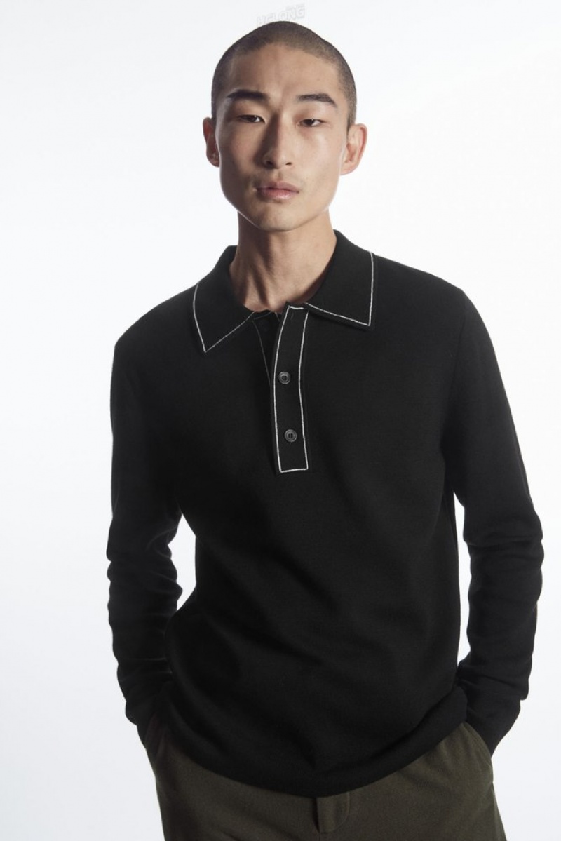 Black / White COS Contrast-Stitch Wool Polo Shirt Knitwear | 637852-WQN