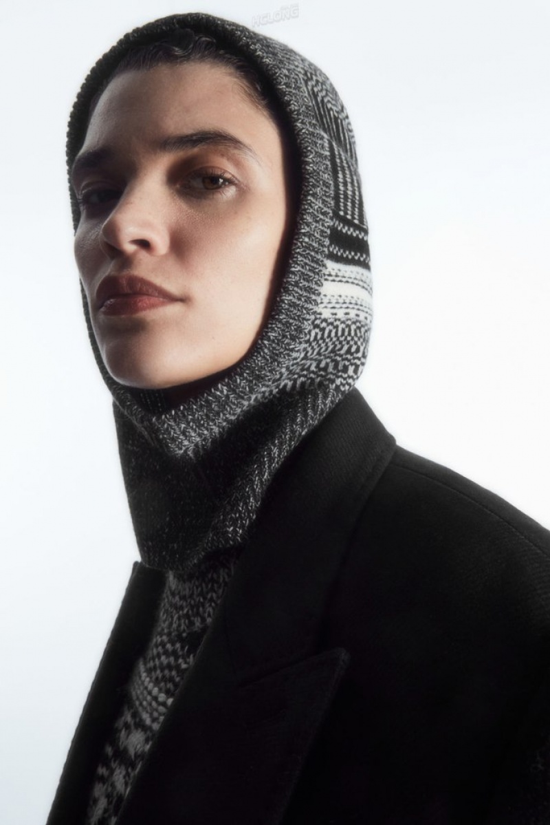 Black / White COS Fair Isle Merino Wool Balaclava Scarves | 841273-NOR