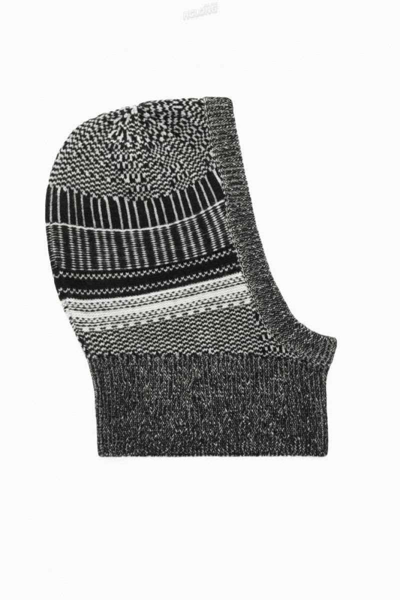 Black / White COS Fair Isle Merino Wool Balaclava Scarves | 841273-NOR