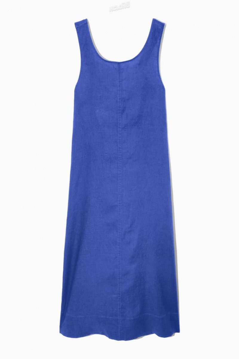 Blue COS Gathered Linen Midi Dress Dresses | 523047-WDH