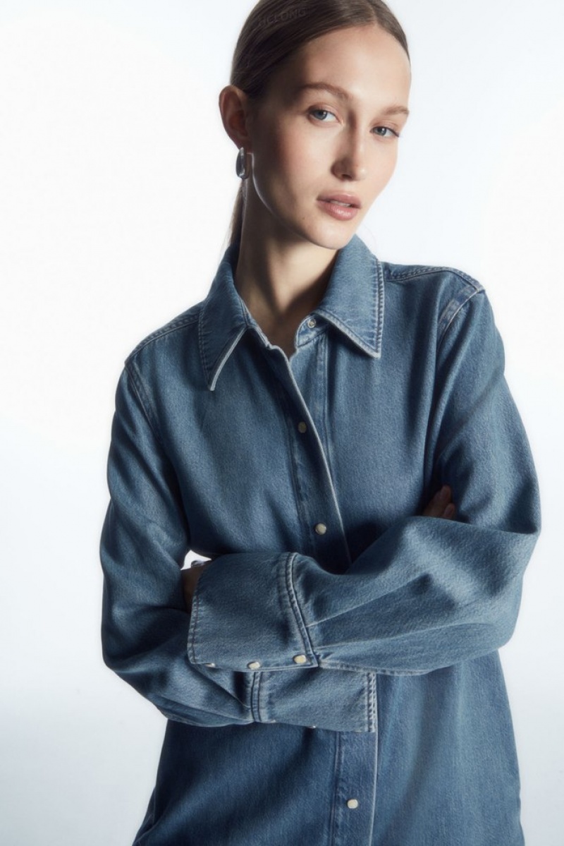 Blue COS Oversized Denim Mini Shirt Dress Dresses | 380625-WUM