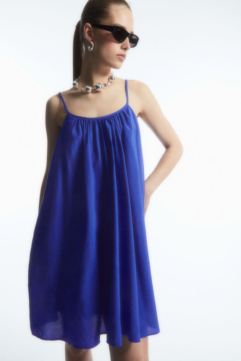 Bright Blue COS Gathered Strappy Mini Dress Dresses | 916254-EOU