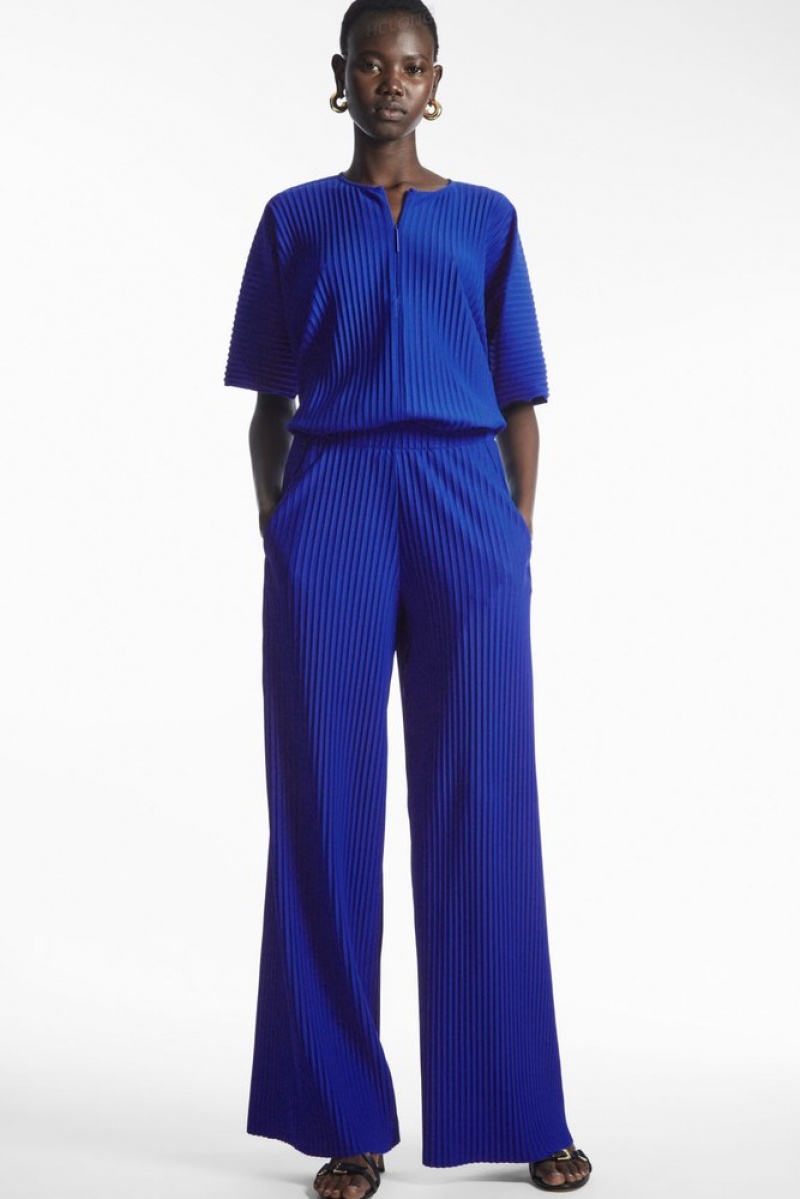 Bright Blue COS Pleated Elasticated Trousers Trousers | 562398-YFJ