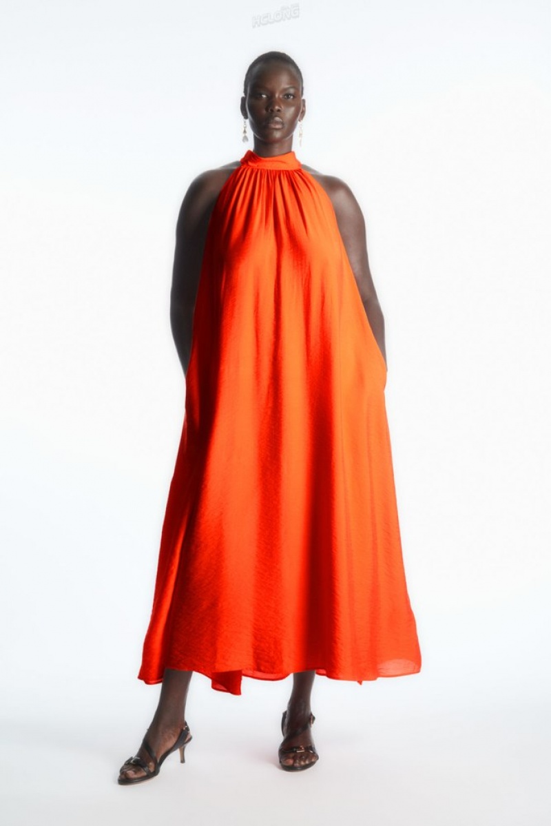 Bright Orange COS Halterneck Maxi Dress Dresses | 013657-UGK