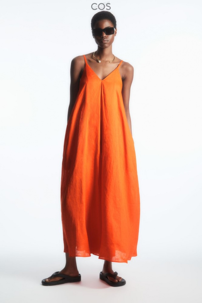 Bright Orange COS Pleated V-Neck Linen Midi Dress Dresses | 473652-KVQ