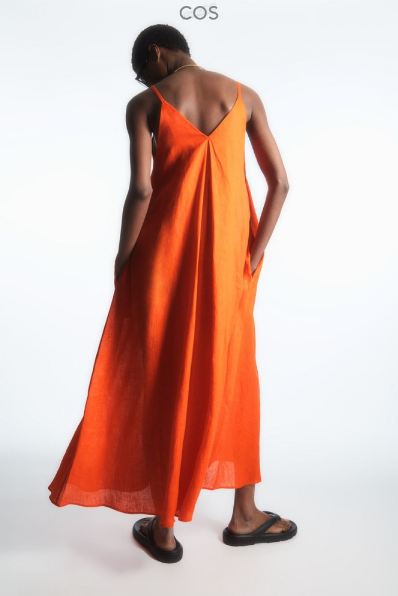 Bright Orange COS Pleated V-Neck Linen Midi Dress Dresses | 473652-KVQ