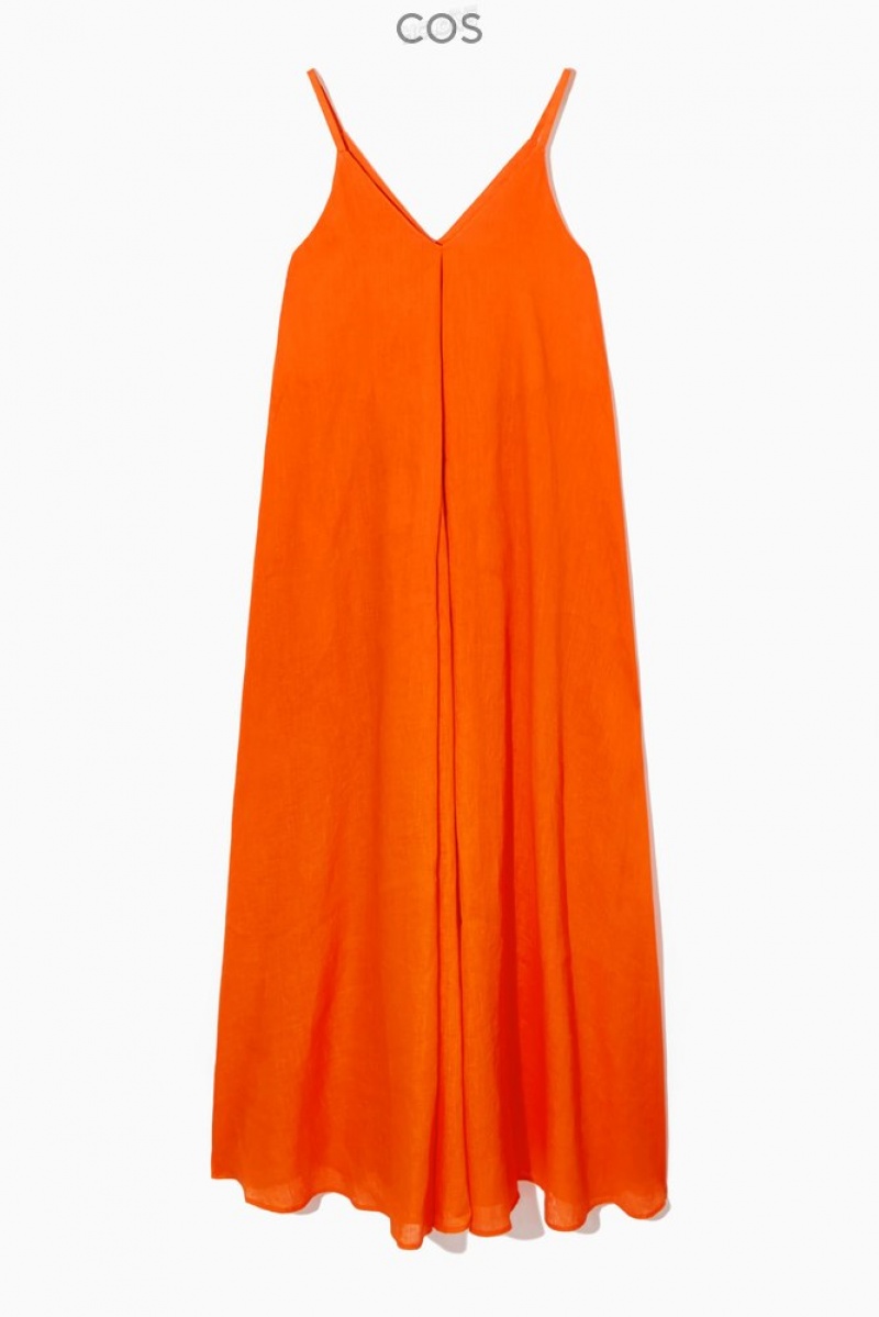 Bright Orange COS Pleated V-Neck Linen Midi Dress Dresses | 473652-KVQ