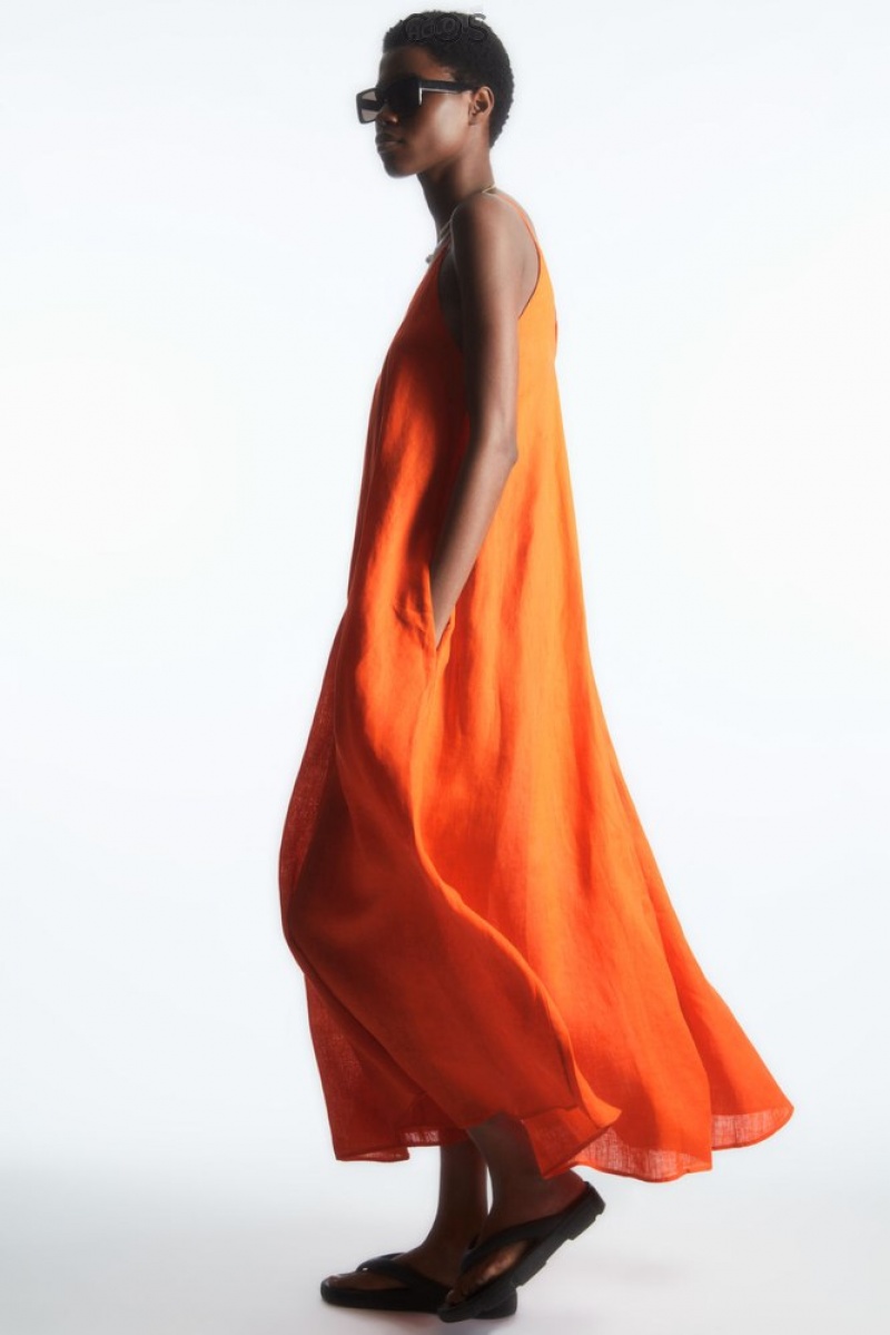 Bright Orange COS Pleated V-Neck Linen Midi Dress Dresses | 473652-KVQ