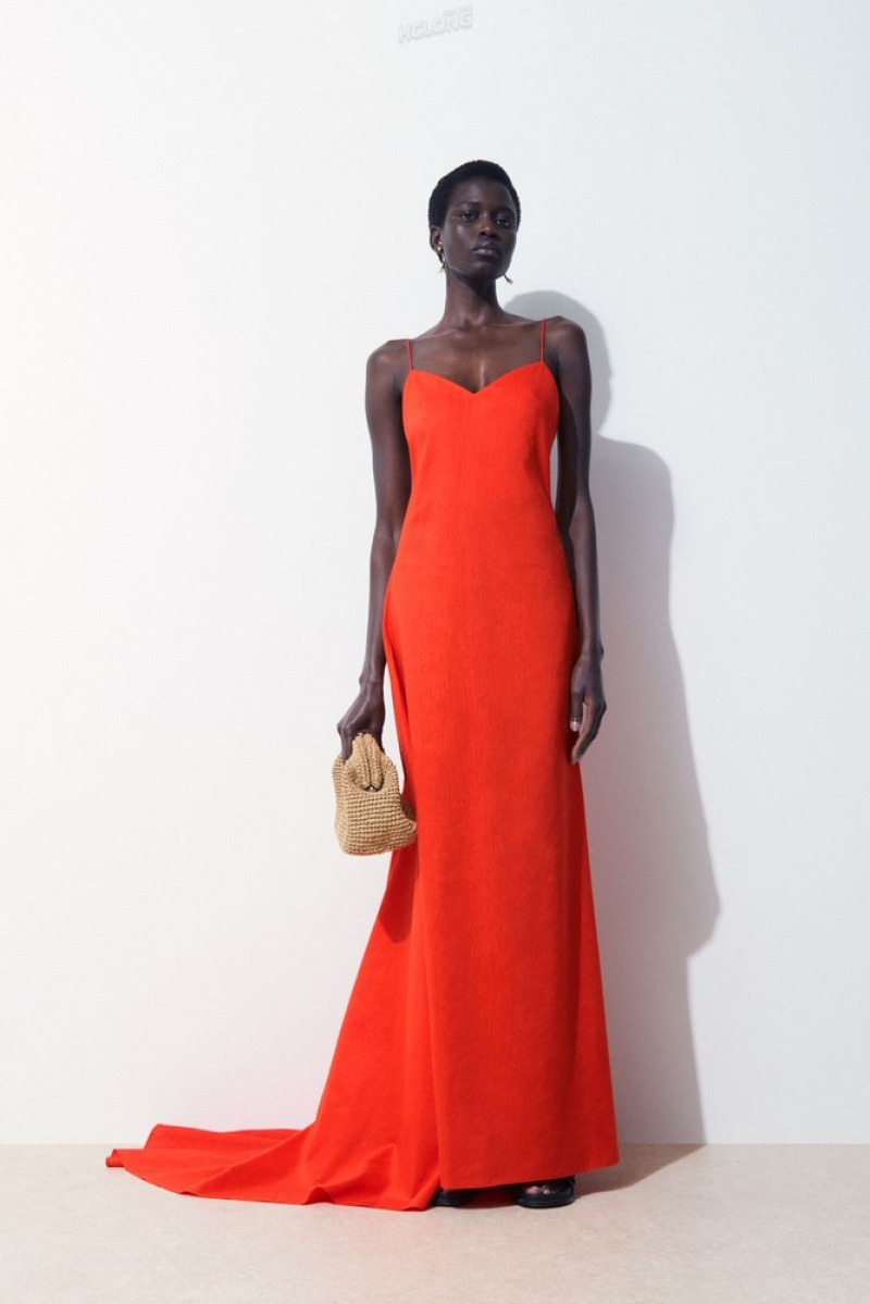 Bright Orange COS The V-Neck Linen Maxi Dress Dresses | 403625-VIF