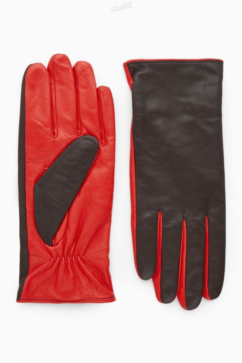 Bright Red / Dark Brown COS Cashmere-Lined Color-Block Leather Gloves Gloves | 730862-CDU