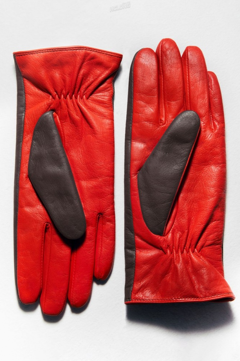 Bright Red / Dark Brown COS Cashmere-Lined Color-Block Leather Gloves Gloves | 730862-CDU