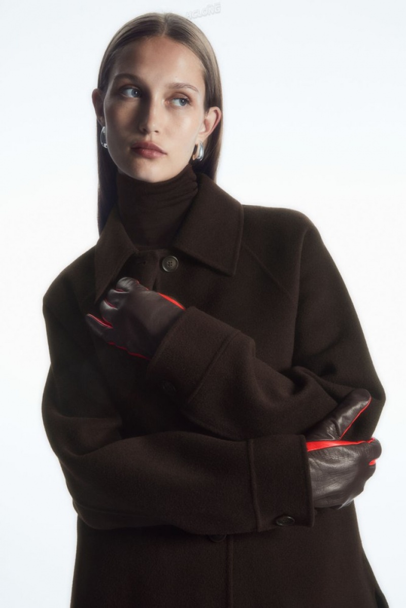 Bright Red / Dark Brown COS Cashmere-Lined Color-Block Leather Gloves Gloves | 730862-CDU