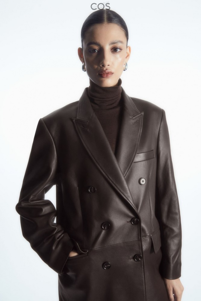 Brown COS Oversized Double-Breasted Leather Coat Coats & Jackets | 086475-XWL