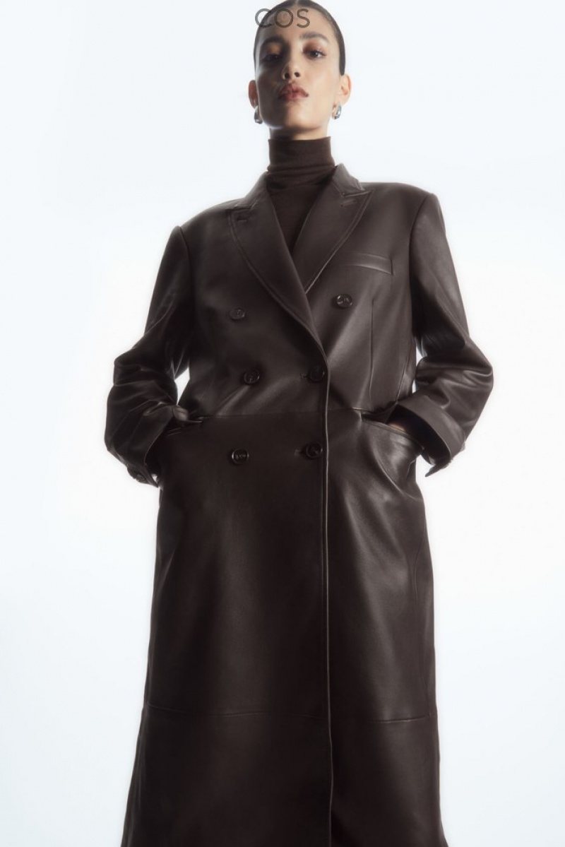 Brown COS Oversized Double-Breasted Leather Coat Coats & Jackets | 086475-XWL