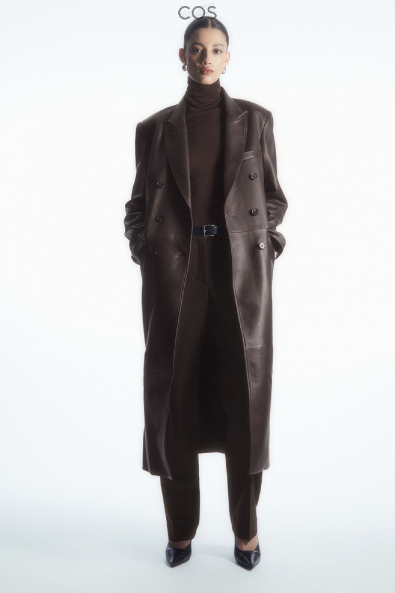 Brown COS Oversized Double-Breasted Leather Coat Coats & Jackets | 086475-XWL