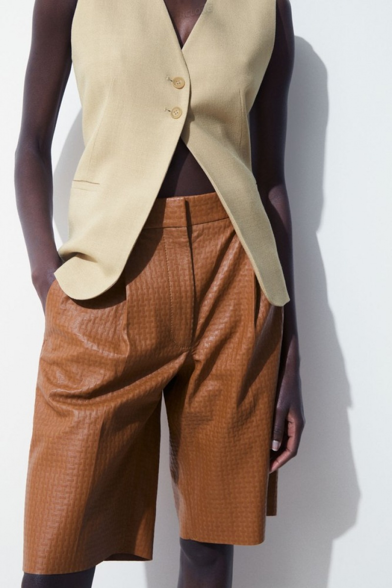 Brown COS The Embossed-Leather Bermuda Shorts Shorts | 214079-PJB