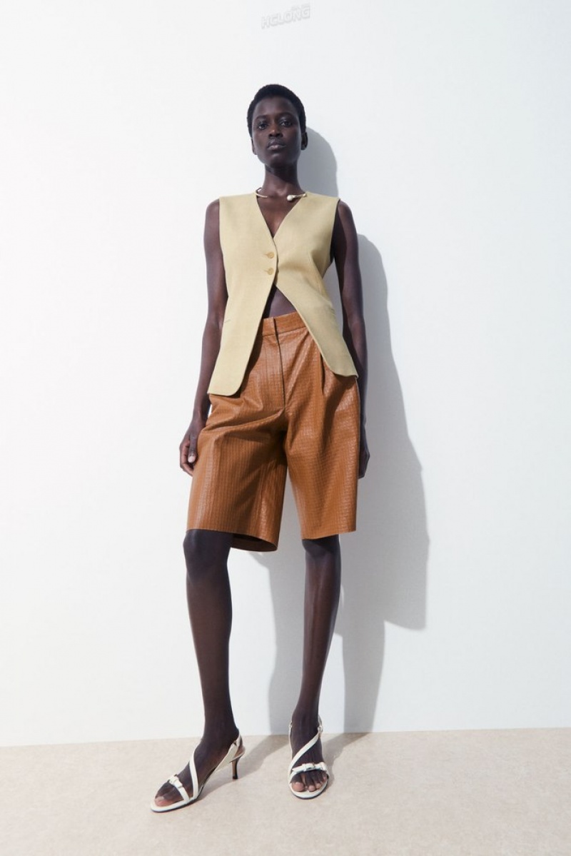 Brown COS The Embossed-Leather Bermuda Shorts Shorts | 214079-PJB