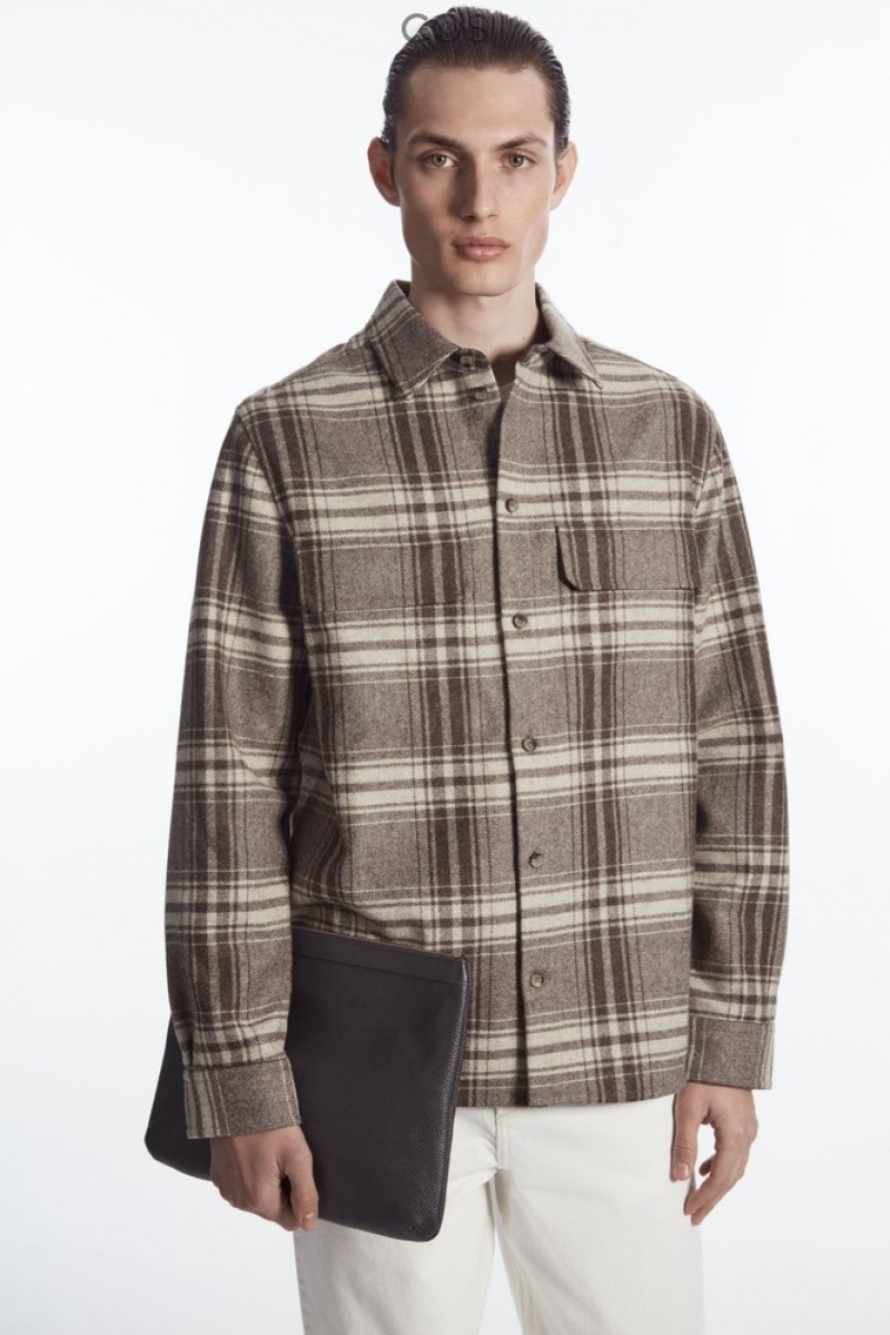 Brown / Cream / Checked COS Checked Wool-Flannel Overshirt Shirts | 178652-ODV