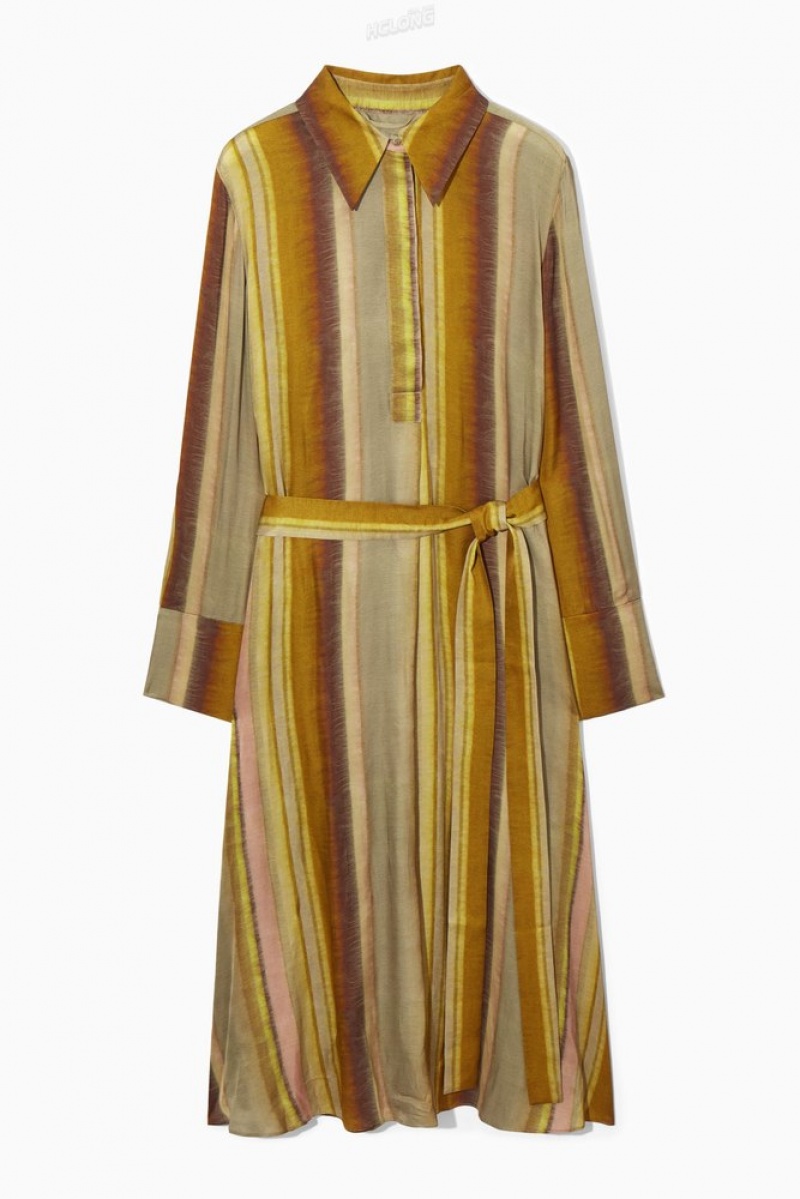 Brown / Orange / Striped COS Printed Midi Shirt Dress Dresses | 689507-RDL