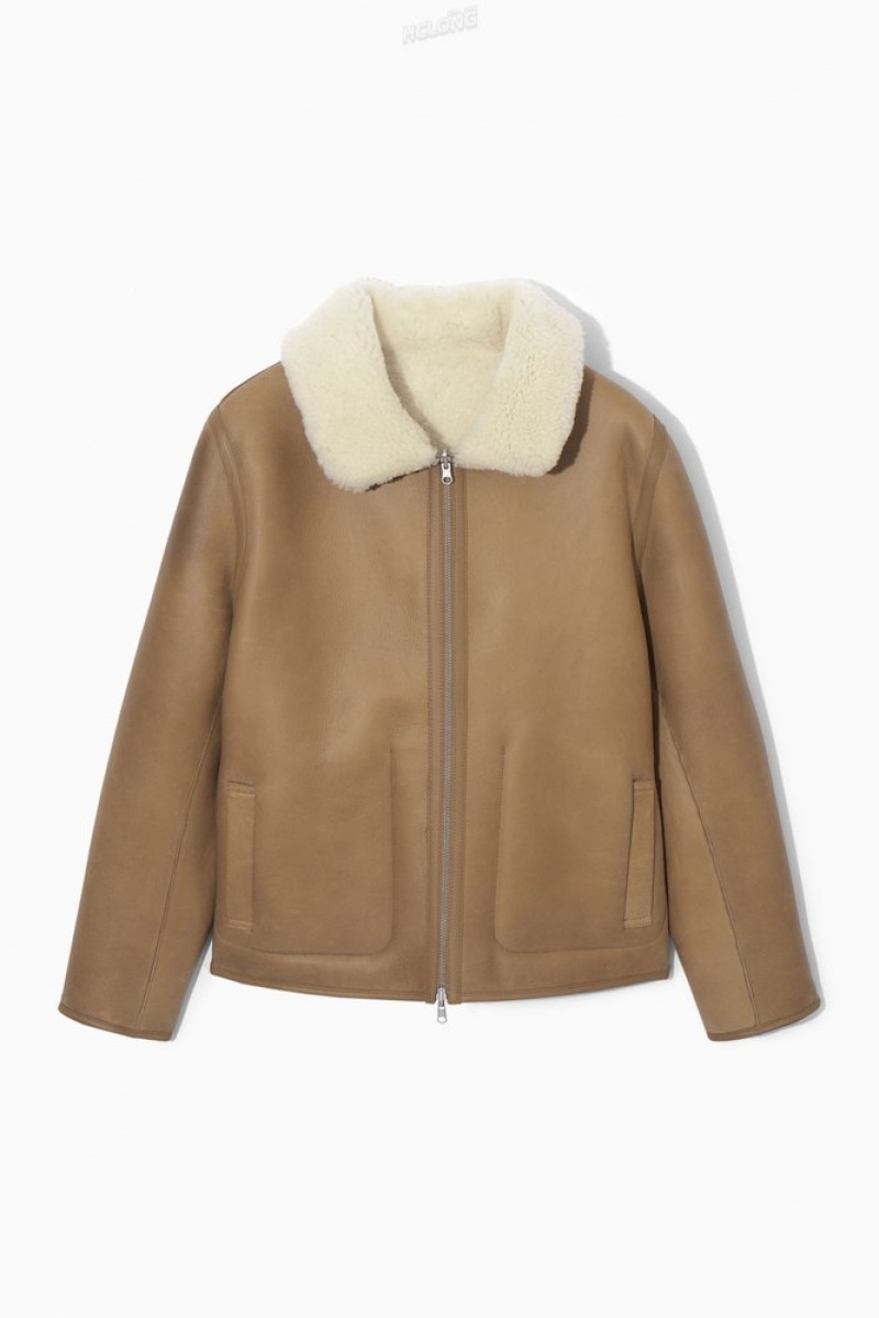 Camel / Ecru COS Reversible Shearling Jacket Coats & Jackets | 194783-UKG