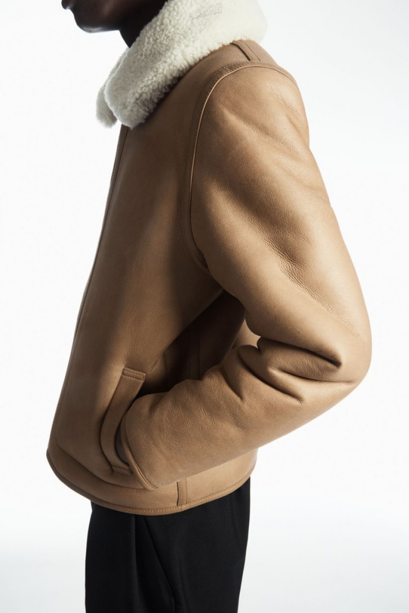 Camel / Ecru COS Reversible Shearling Jacket Coats & Jackets | 194783-UKG