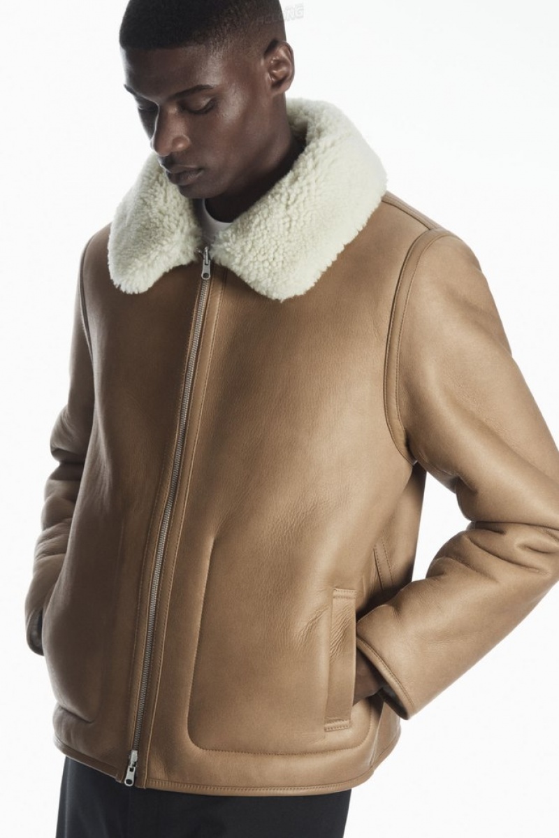 Camel / Ecru COS Reversible Shearling Jacket Coats & Jackets | 194783-UKG