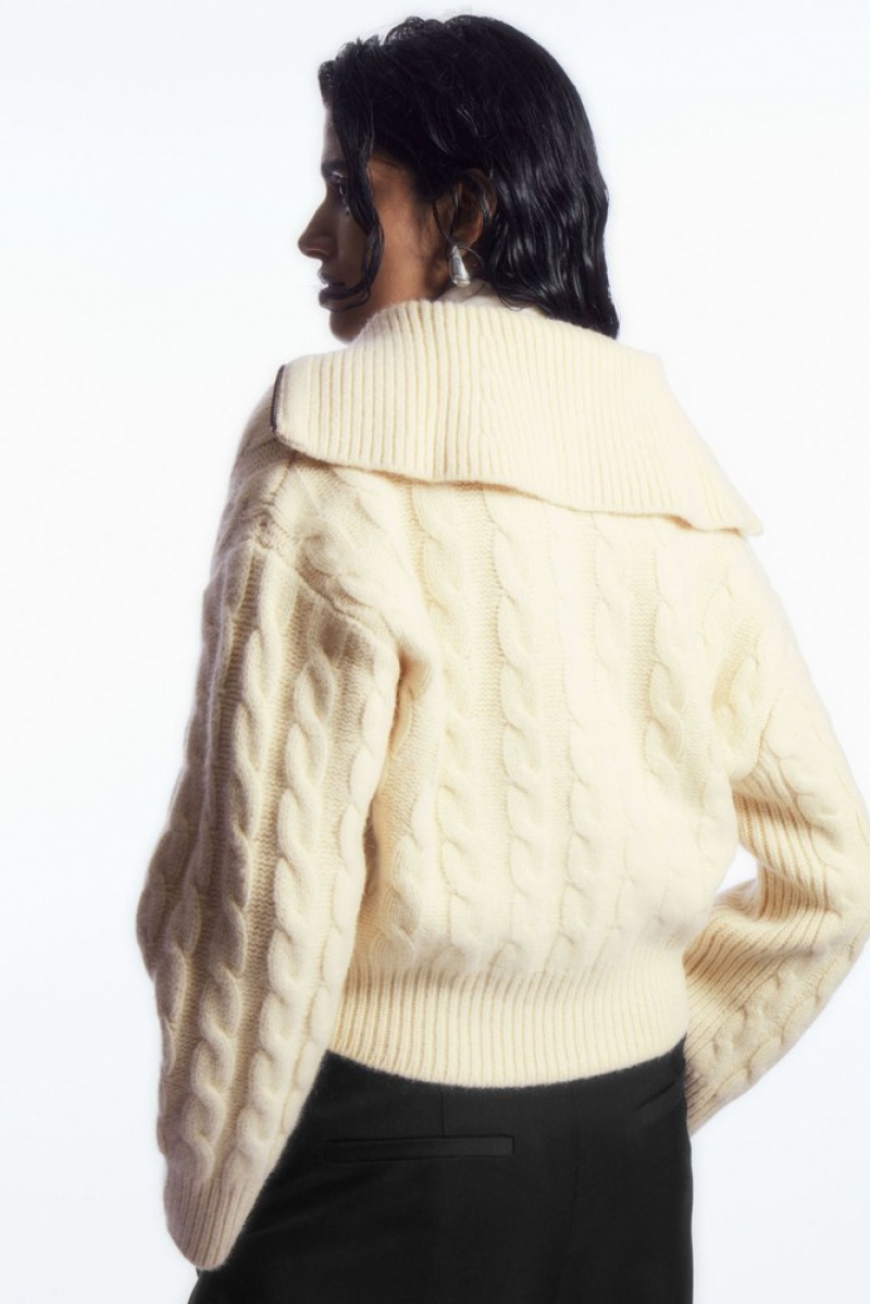 Cream COS Cable-Knit Wool Zip-Up Jacket Sweaters & Cardigans | 268739-UKA