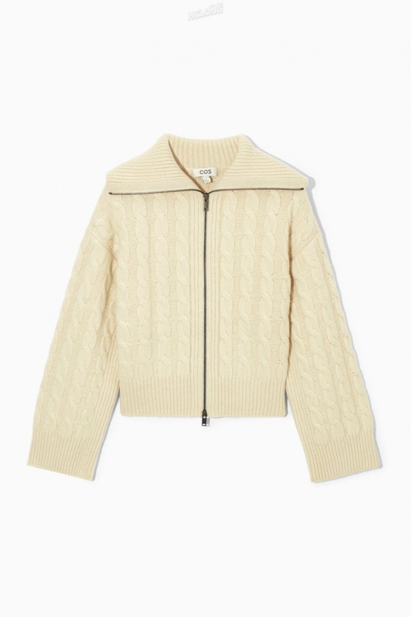 Cream COS Cable-Knit Wool Zip-Up Jacket Sweaters & Cardigans | 268739-UKA