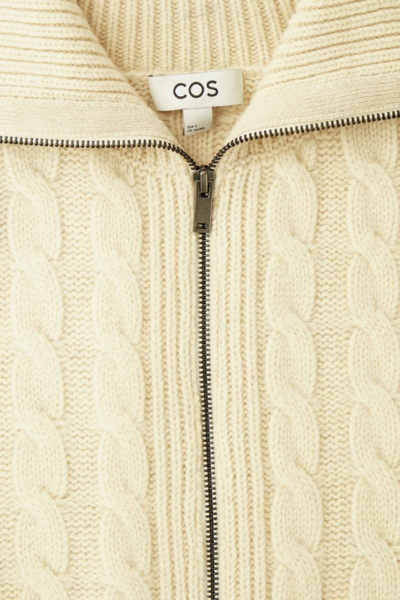 Cream COS Cable-Knit Wool Zip-Up Jacket Sweaters & Cardigans | 268739-UKA