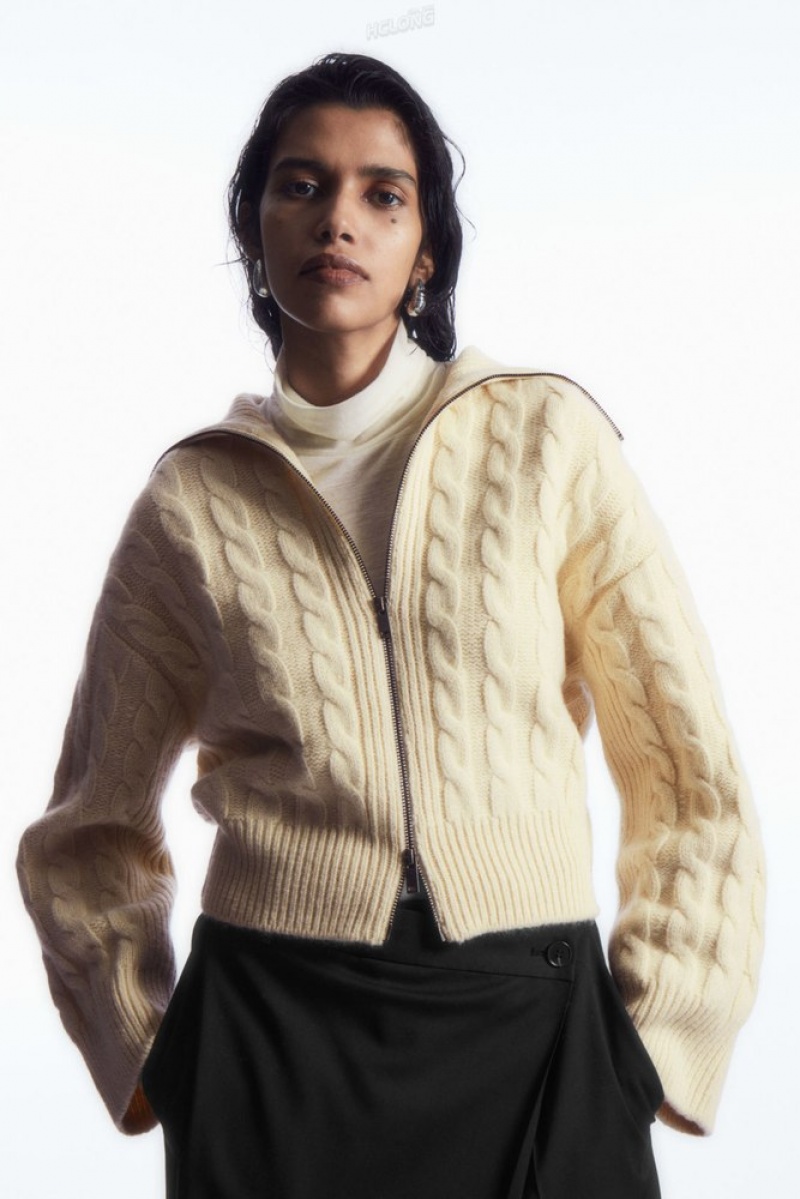 Cream COS Cable-Knit Wool Zip-Up Jacket Sweaters & Cardigans | 268739-UKA