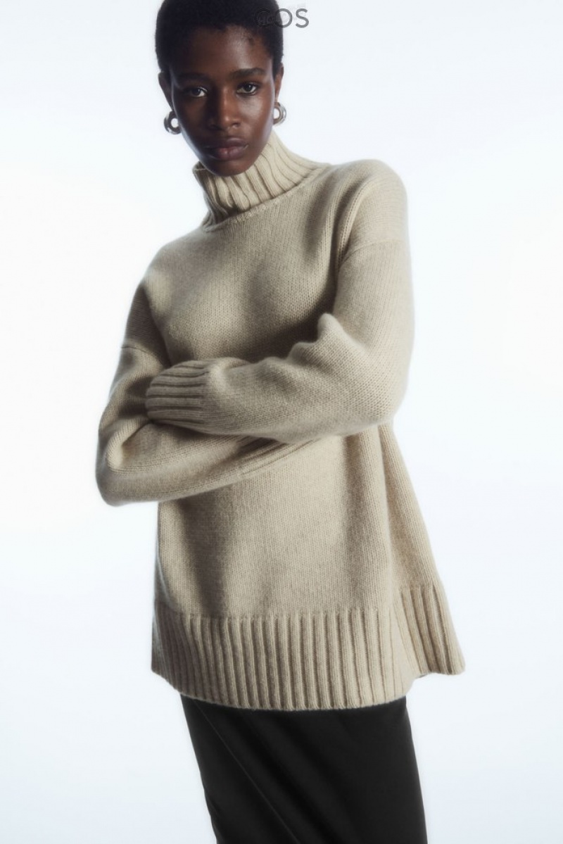 Cream COS Funnel-Neck Pure Cashmere Sweater Sweaters & Cardigans | 702139-KTU