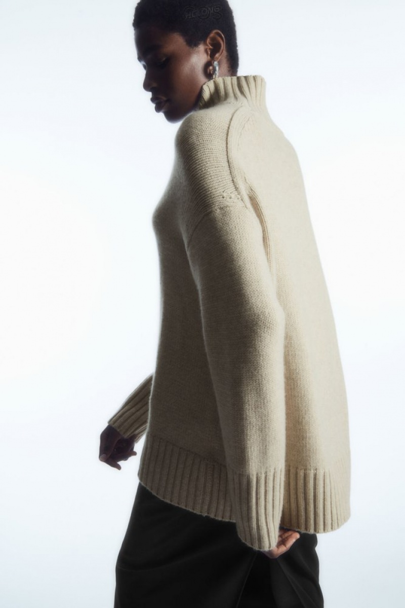 Cream COS Funnel-Neck Pure Cashmere Sweater Sweaters & Cardigans | 702139-KTU