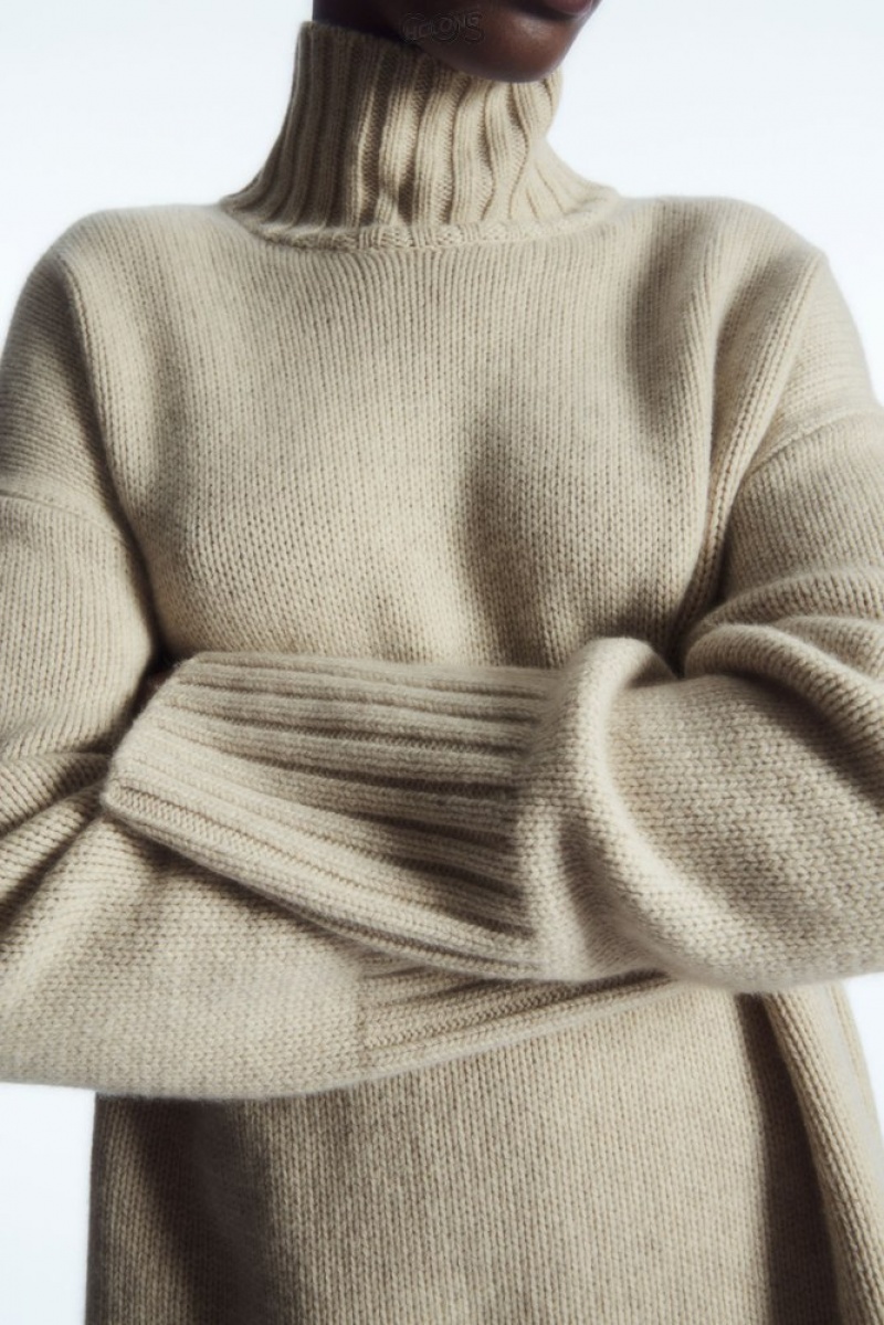 Cream COS Funnel-Neck Pure Cashmere Sweater Sweaters & Cardigans | 702139-KTU