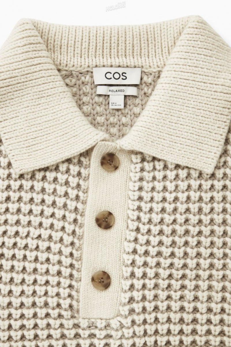 Cream COS Two-Tone Waffle-Knit Polo Shirt Sweaters & Cardigans | 890157-COR