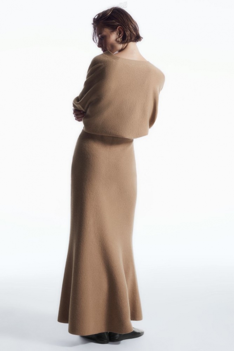 Dark Beige COS Flared Merino Wool Maxi Skirt Skirts | 539184-KYQ