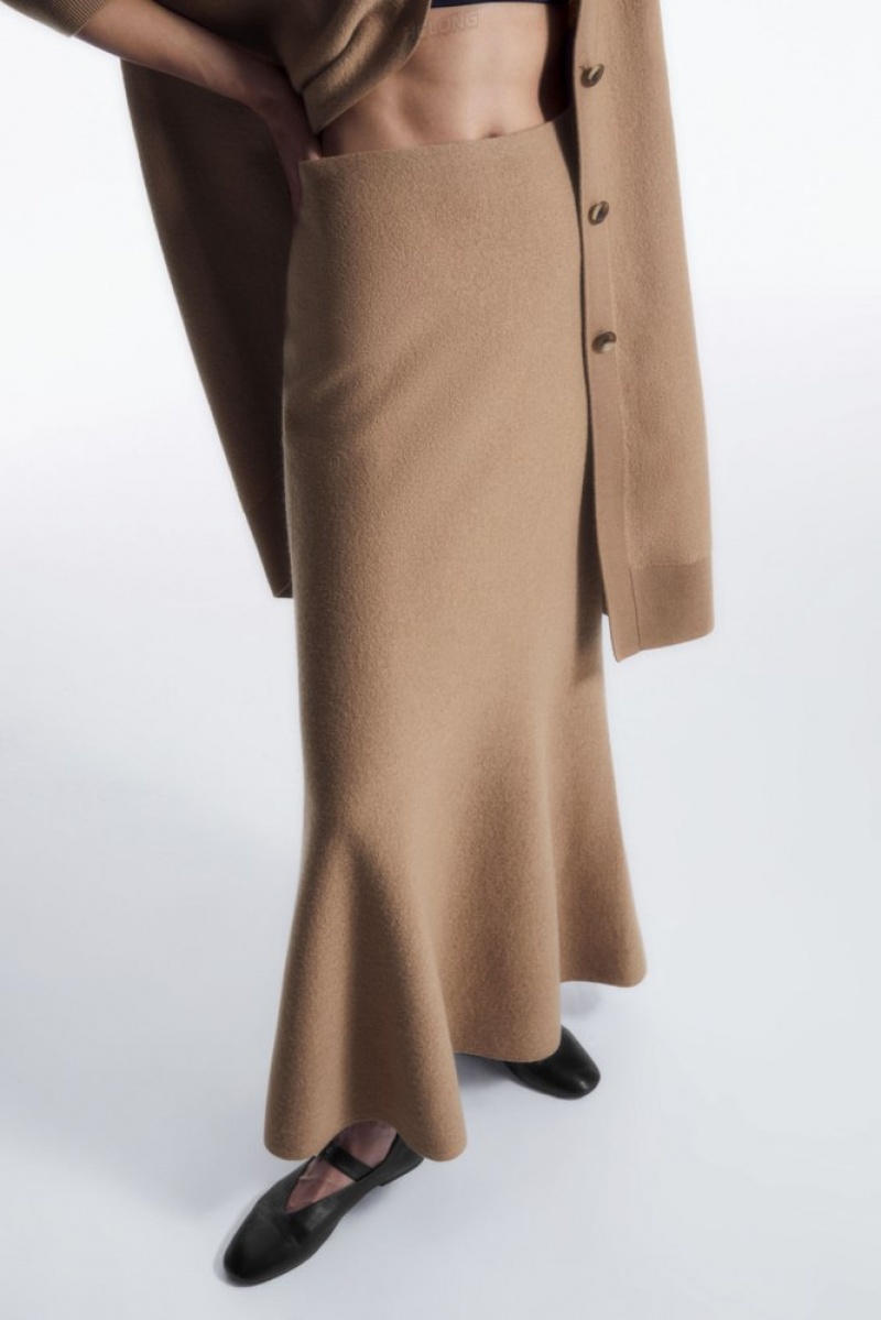 Dark Beige COS Flared Merino Wool Maxi Skirt Skirts | 539184-KYQ