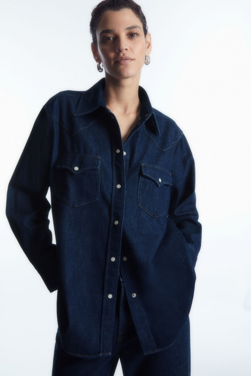 Dark Blue COS Oversized Denim Western Shirt Shirts & Blouses | 209148-DZF