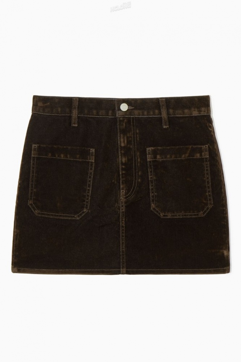 Dark Brown COS Flocked-Denim Mini Skirt Skirts | 124685-AKE