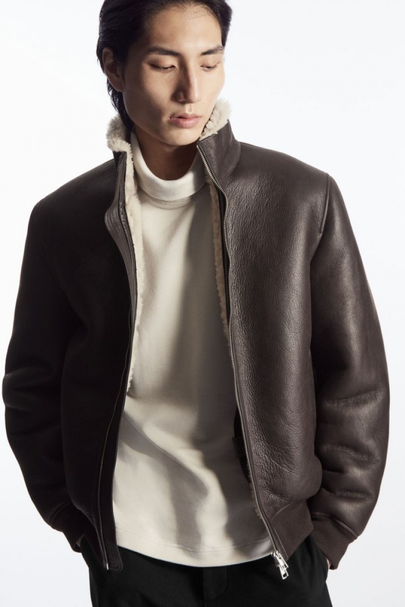 Dark Brown COS Shearling Bomber Jacket Coats & Jackets | 097283-CUF