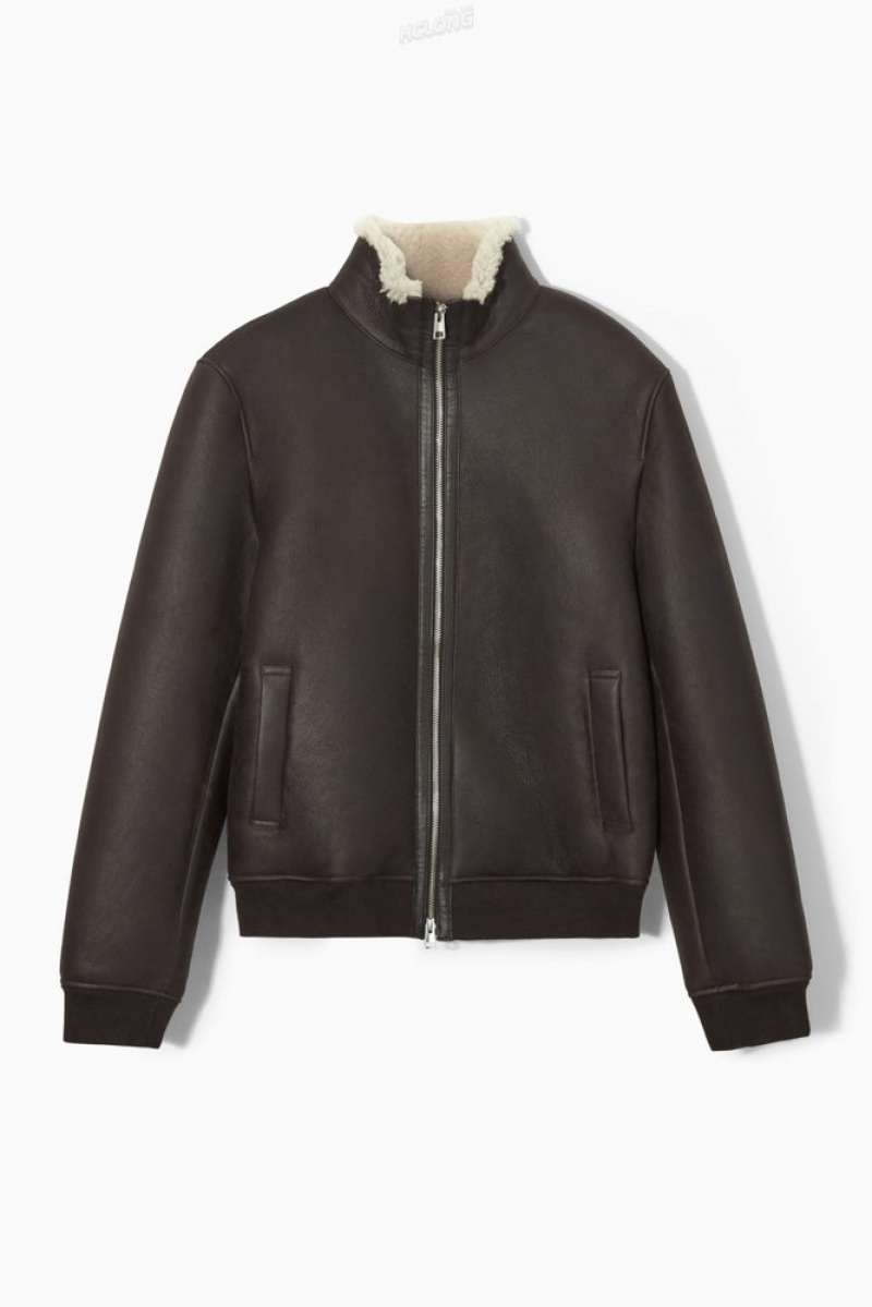 Dark Brown COS Shearling Bomber Jacket Coats & Jackets | 097283-CUF