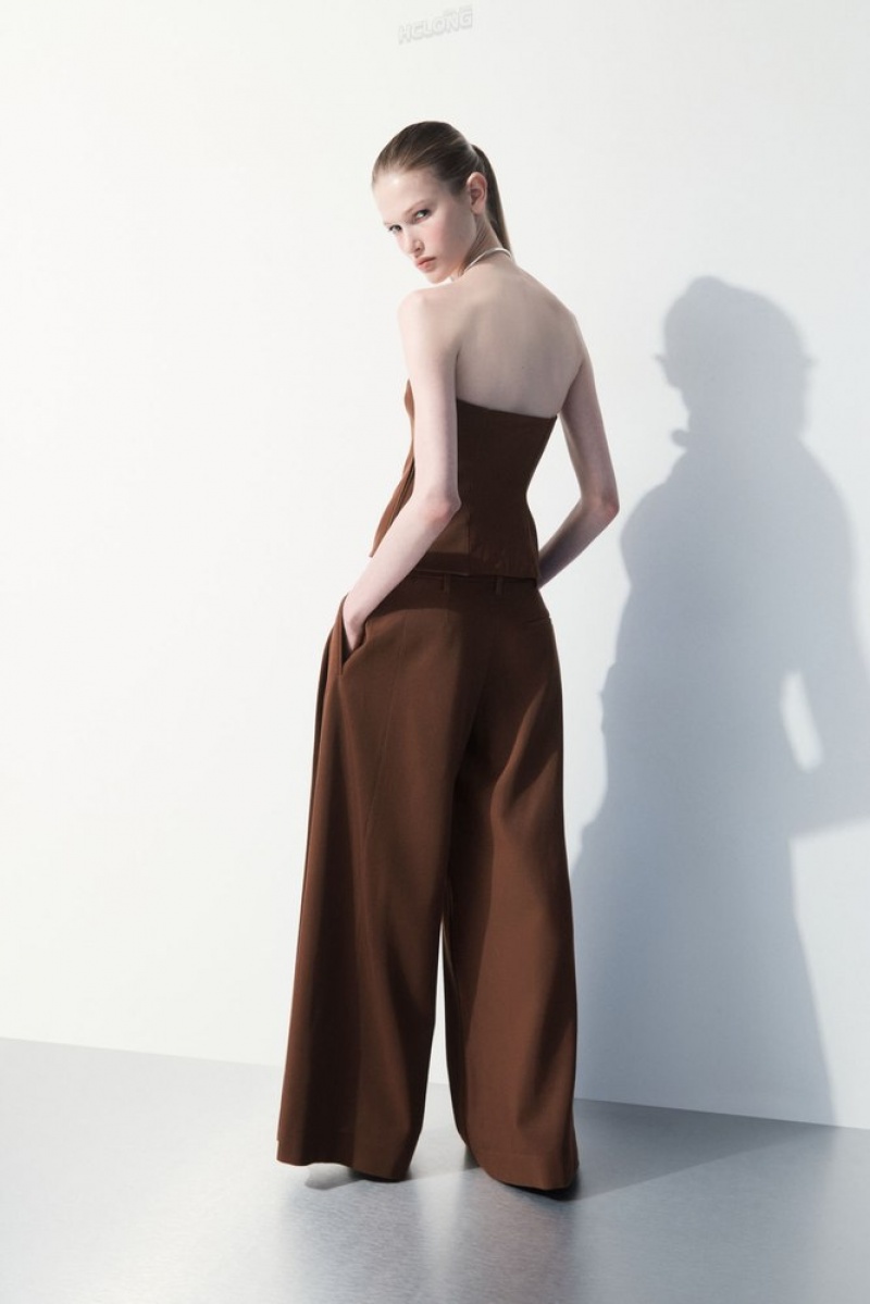 Dark Brown COS The Wide-Leg Wool Trousers Pants | 457623-NPD