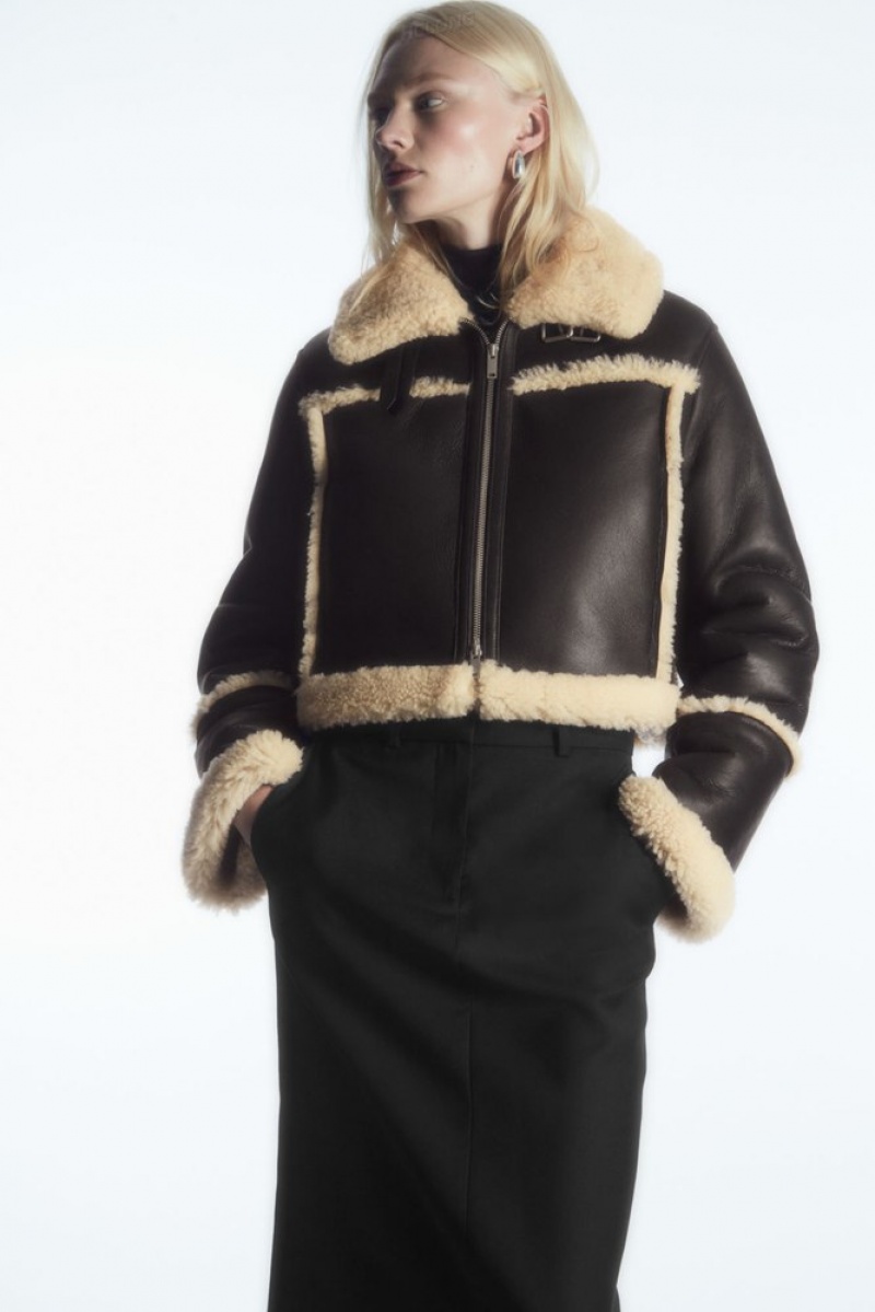 Dark Brown / Cream COS Cropped Shearling Jacket Coats & Jackets | 462071-NZR