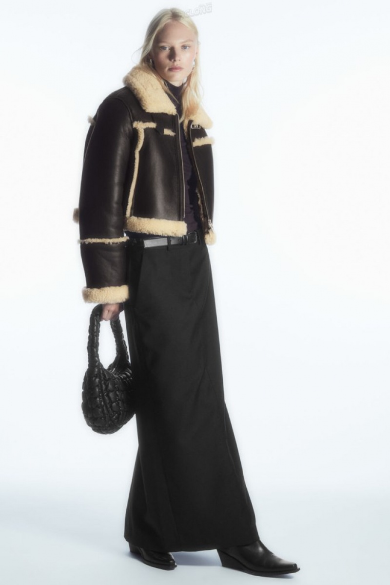 Dark Brown / Cream COS Cropped Shearling Jacket Coats & Jackets | 462071-NZR