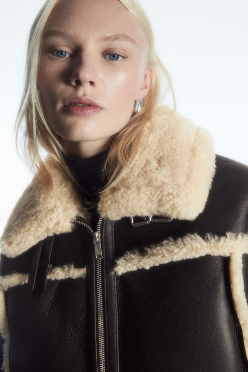 Dark Brown / Cream COS Cropped Shearling Jacket Coats & Jackets | 462071-NZR