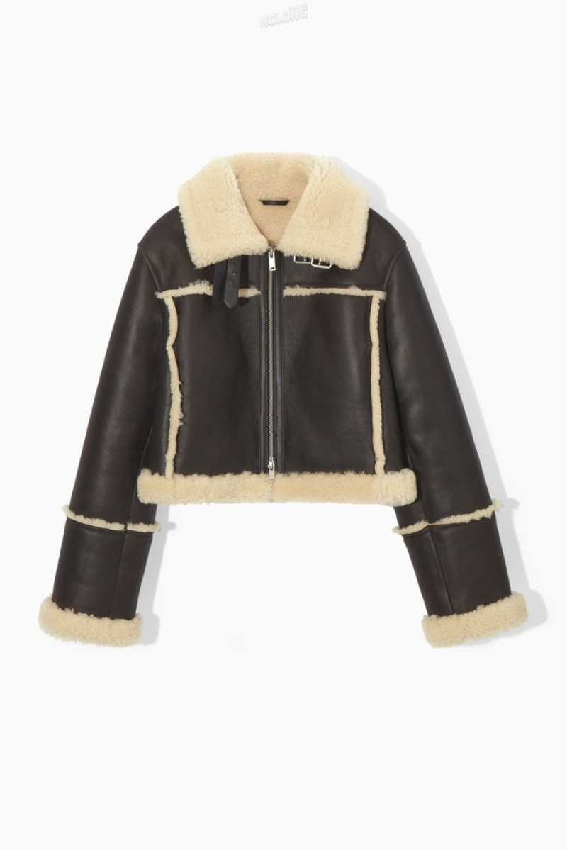 Dark Brown / Cream COS Cropped Shearling Jacket Coats & Jackets | 462071-NZR