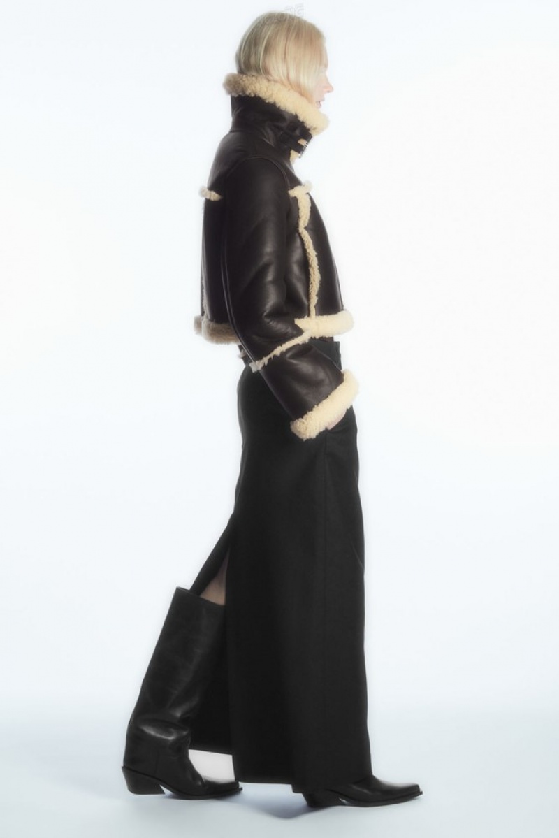 Dark Brown / Cream COS Cropped Shearling Jacket Coats & Jackets | 462071-NZR